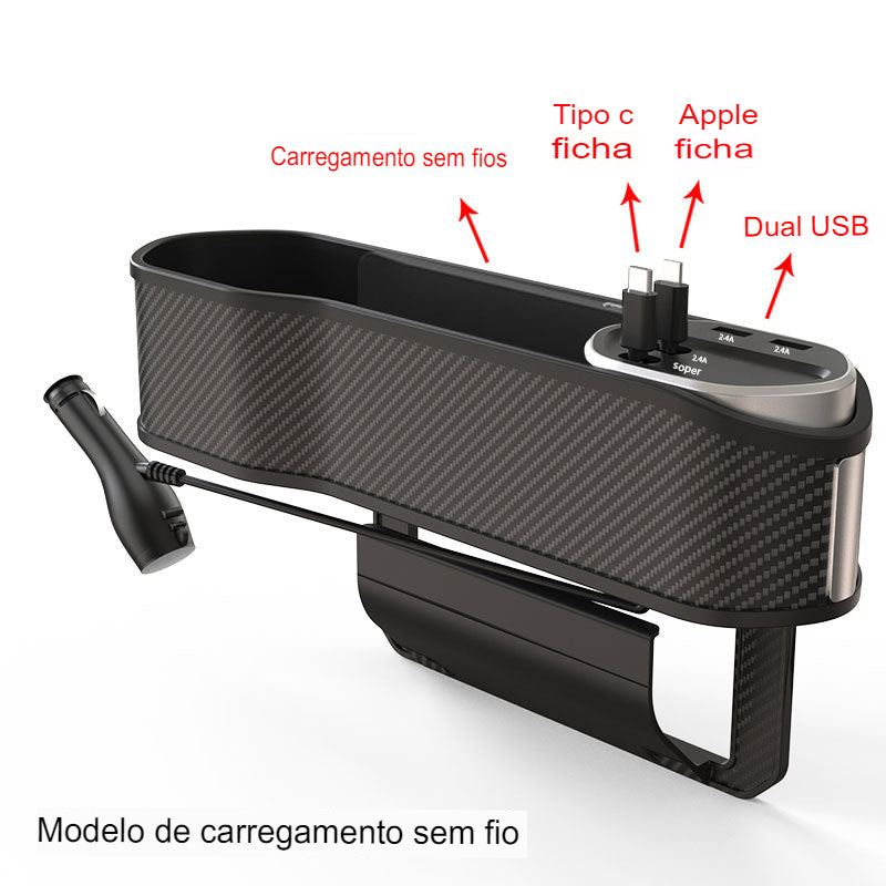 Organizador Para Carro Ultra Carbon Com Cabos Para Carregar Celulares