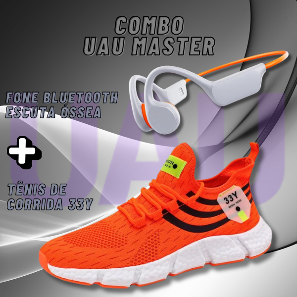 Combo Uau Master 2X1 - Tênis de Corrida 33y + Fone de Condução Óssea a Prova d'água Cor do Fone Branco/Laranja