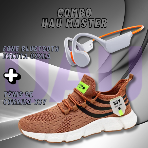 Combo Uau Master 2X1 - Tênis de Corrida 33y + Fone de Condução Óssea a Prova d'água Cor do Fone Branco/Laranja