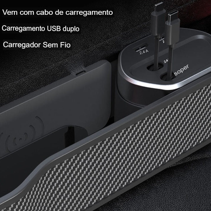 Organizador Para Carro Ultra Carbon Com Cabos Para Carregar Celulares