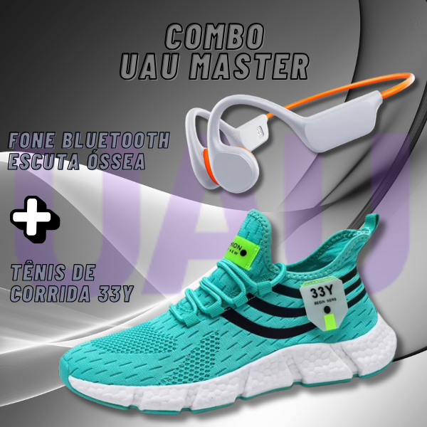 Combo Uau Master 2X1 - Tênis de Corrida 33y + Fone de Condução Óssea a Prova d'água Cor do Fone Branco/Laranja