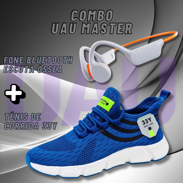 Combo Uau Master 2X1 - Tênis de Corrida 33y + Fone de Condução Óssea a Prova d'água Cor do Fone Branco/Laranja